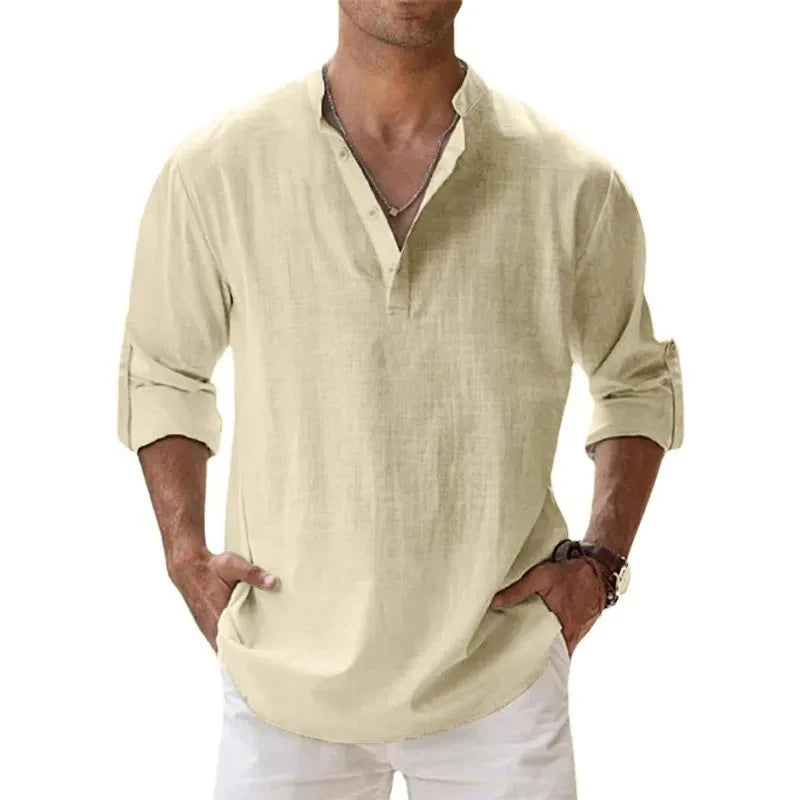Coastal Drift™ – Men’s Linen Cotton Henley Shirt
