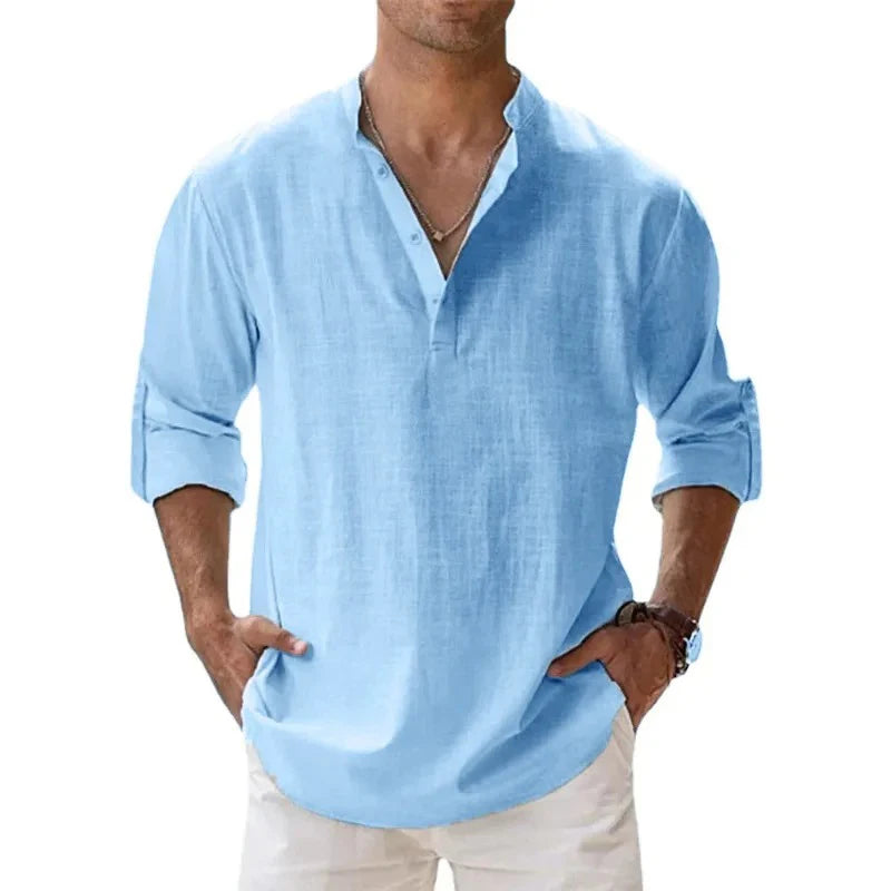Coastal Drift™ – Men’s Linen Cotton Henley Shirt