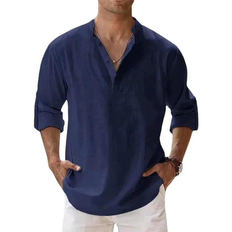 Coastal Drift™ – Men’s Linen Cotton Henley Shirt