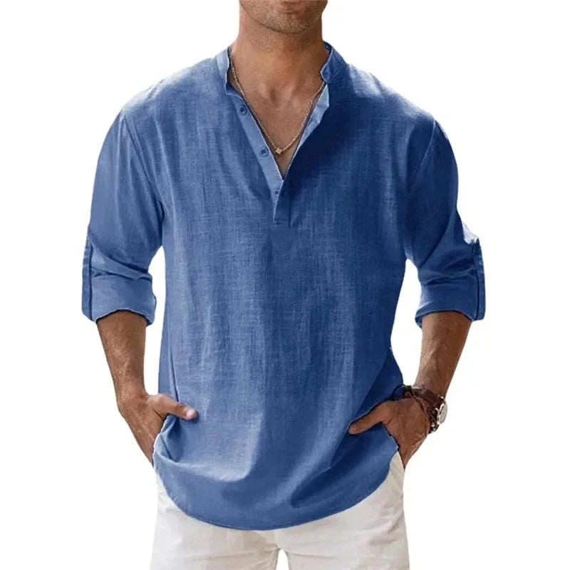 Coastal Drift™ – Men’s Linen Cotton Henley Shirt