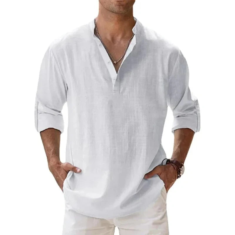 Coastal Drift™ – Men’s Linen Cotton Henley Shirt