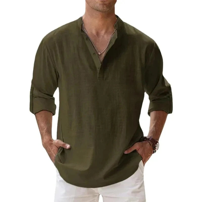 Coastal Drift™ – Men’s Linen Cotton Henley Shirt