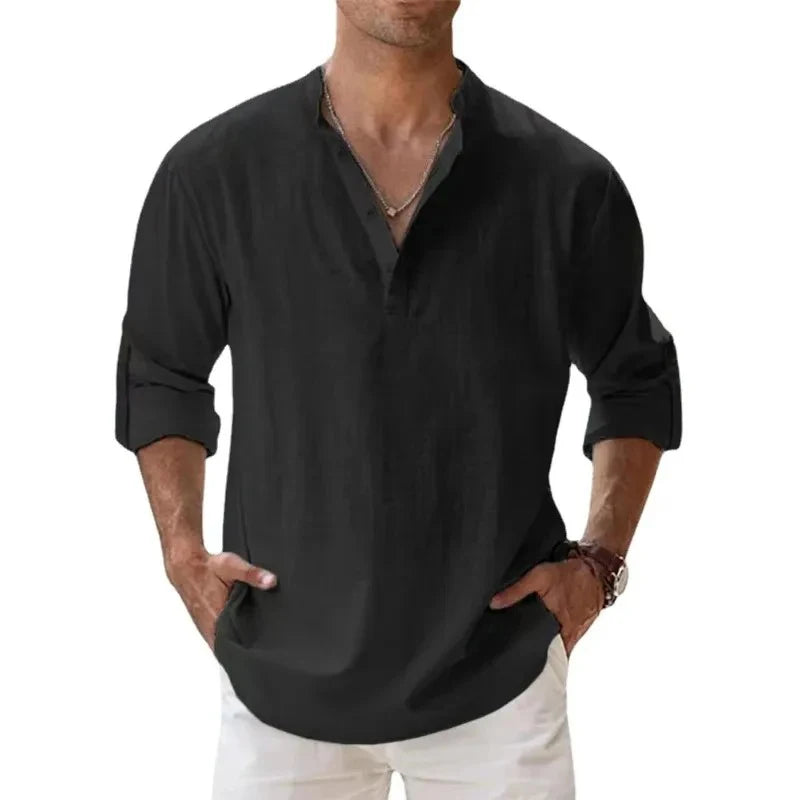 Coastal Drift™ – Men’s Linen Cotton Henley Shirt